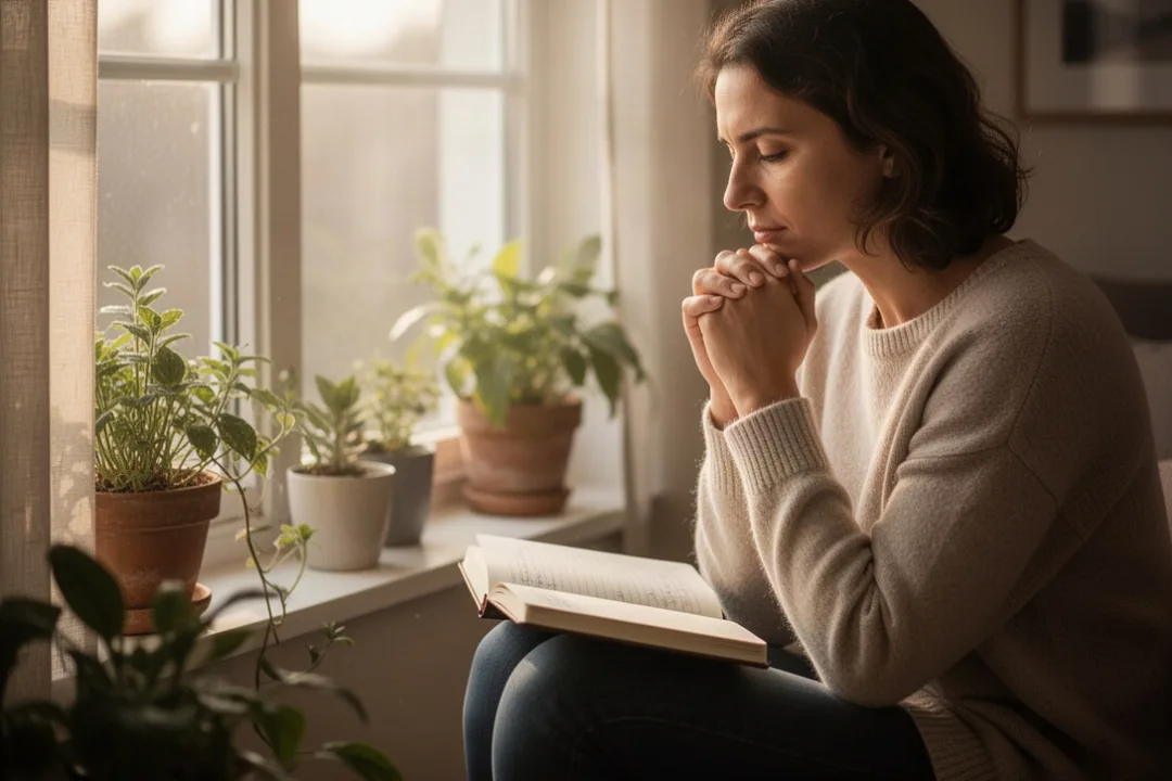 Person reflecting quietly beside a sunlit window with journal