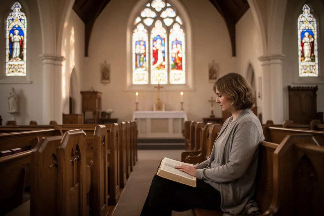 Person praying quietly in a sunlit church with an open Bible