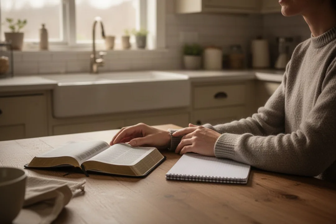Person reflecting over an open Bible before making a difficult decision