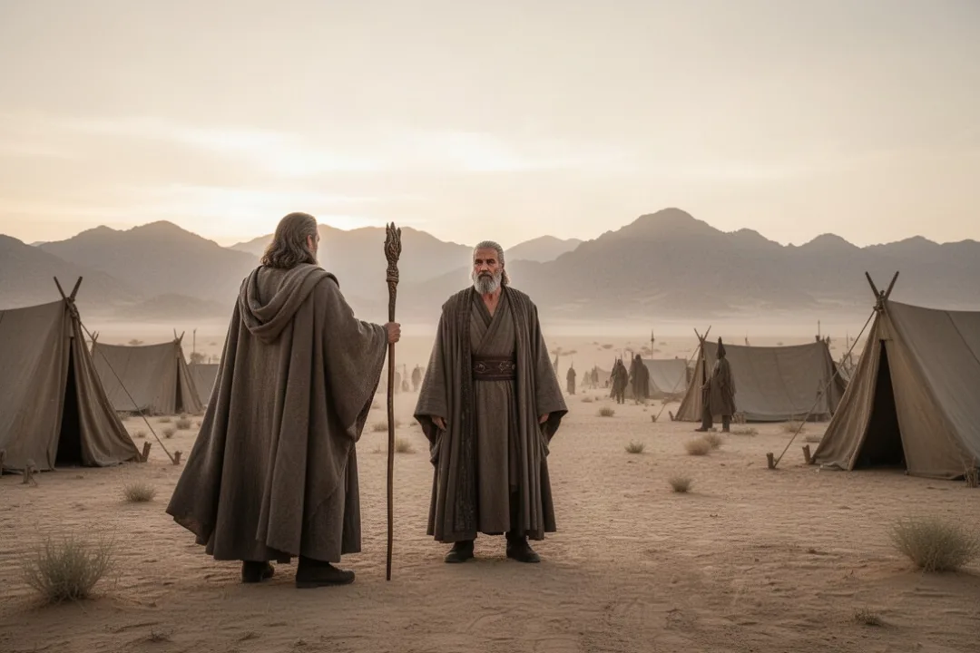 Moses overlooking an ancient Israelite desert camp at sunrise