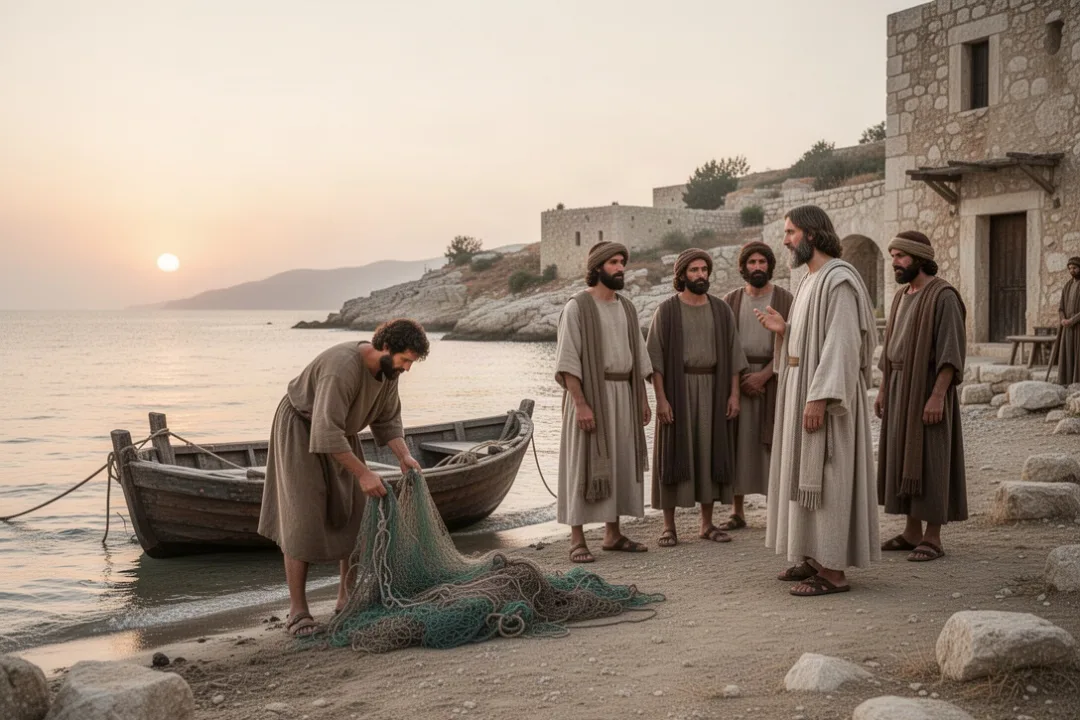 Simon Peter leaving fishing nets beside the Sea of Galilee