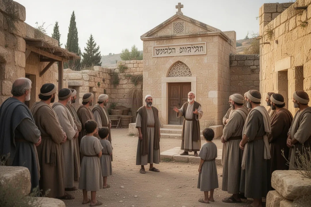 Jesus teaching in Nazareth while local family members watch nearby