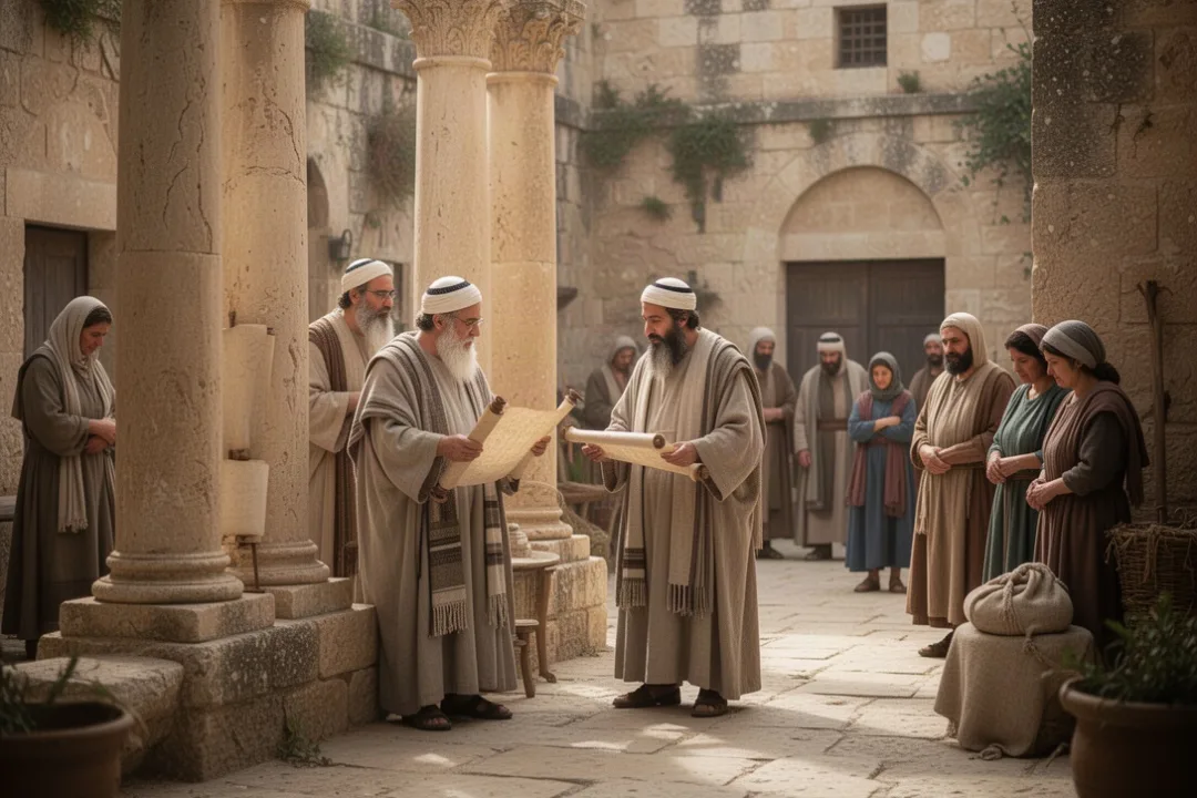 Pharisees discussing Torah interpretation in a first-century Jerusalem courtyard