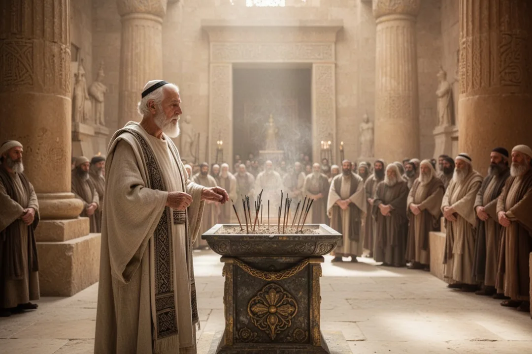 Priest Zachariah serving in the Jerusalem temple during worship
