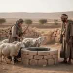 Zipporah meets Moses beside a well in Midian