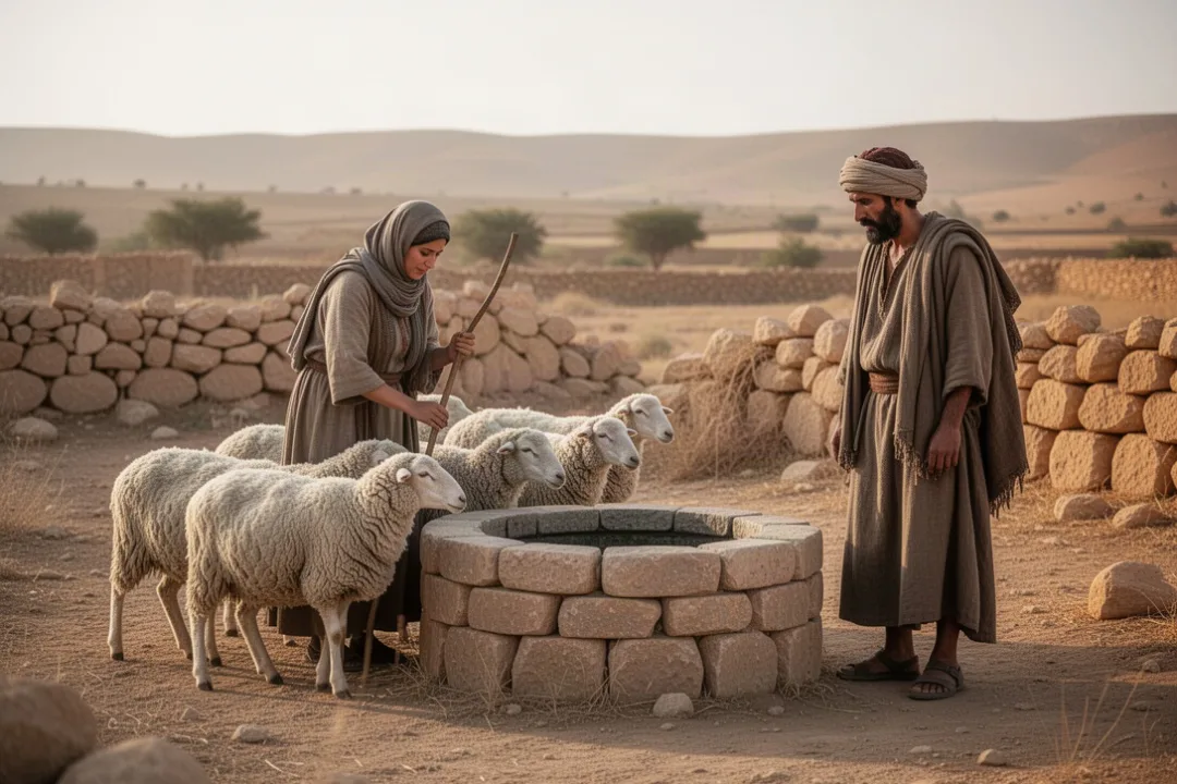 Zipporah meets Moses beside a well in Midian